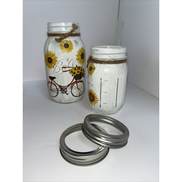 2 Ball Mason Jars Hand Painted Summer Bicycle Sunflowers 32oz & 16oz With Bands - Picture 8 of 16